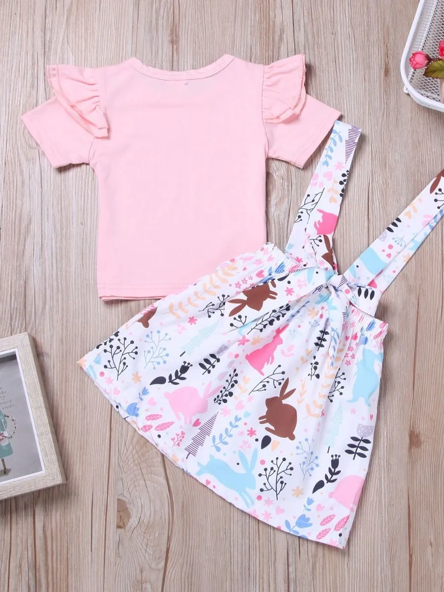 2-Piece Outfits Flutter Sleeve Pink T-shirt Bunny Jumper Skirt for Toddler Baby Girl