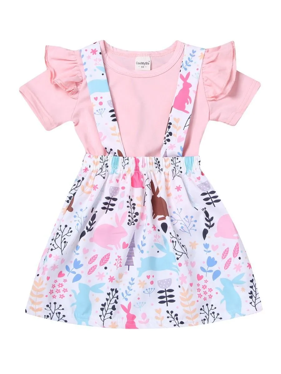 2-Piece Outfits Flutter Sleeve Pink T-shirt Bunny Jumper Skirt for Toddler Baby Girl