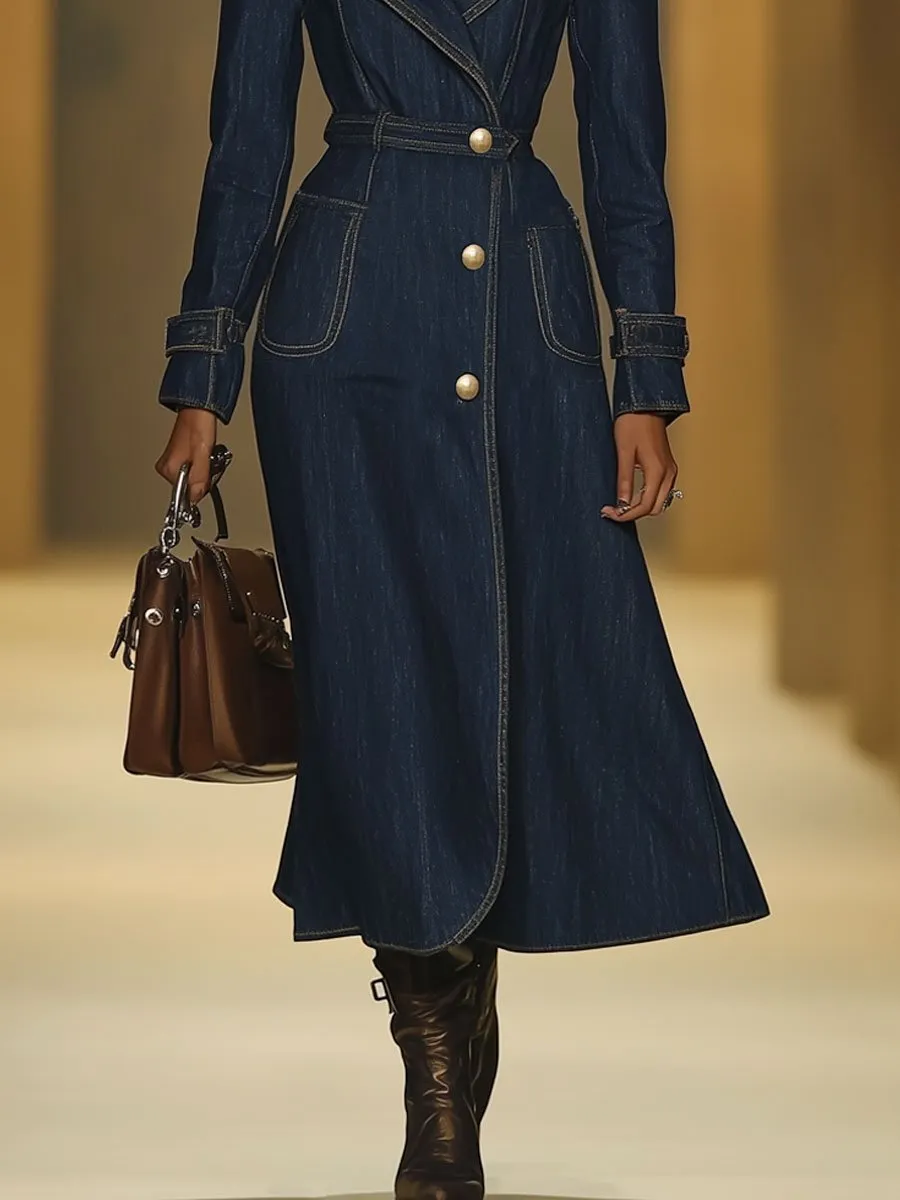 【24-hour shipping】Casual Retro Pocket Denim Long Sleeve Dress Style Trench Coat