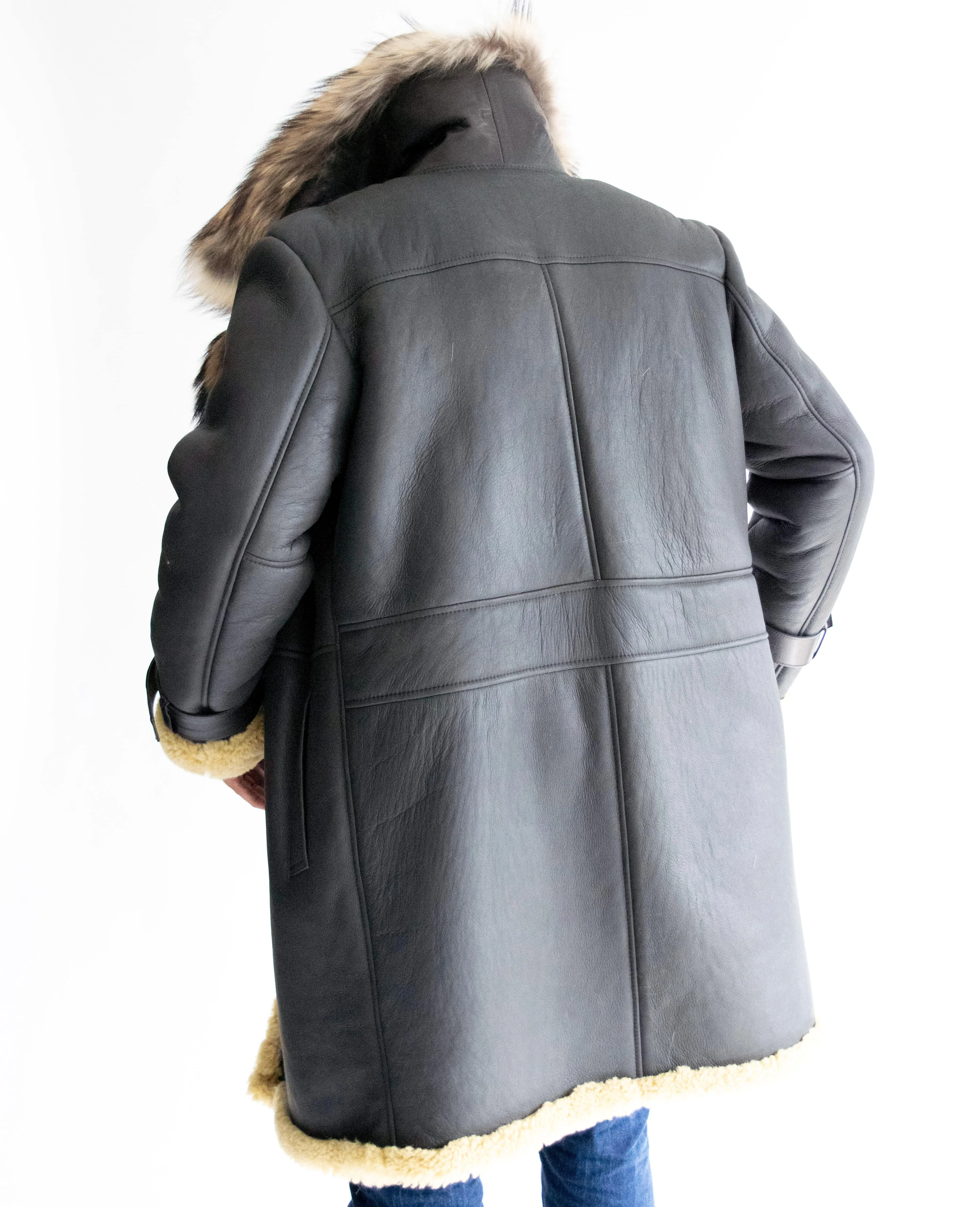 7/8 length mens Sheepskin Coat with Fur Collar Style #8900