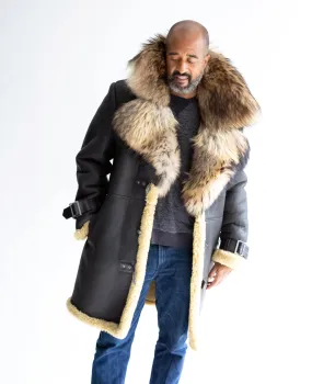 7/8 length mens Sheepskin Coat with Fur Collar Style #8900