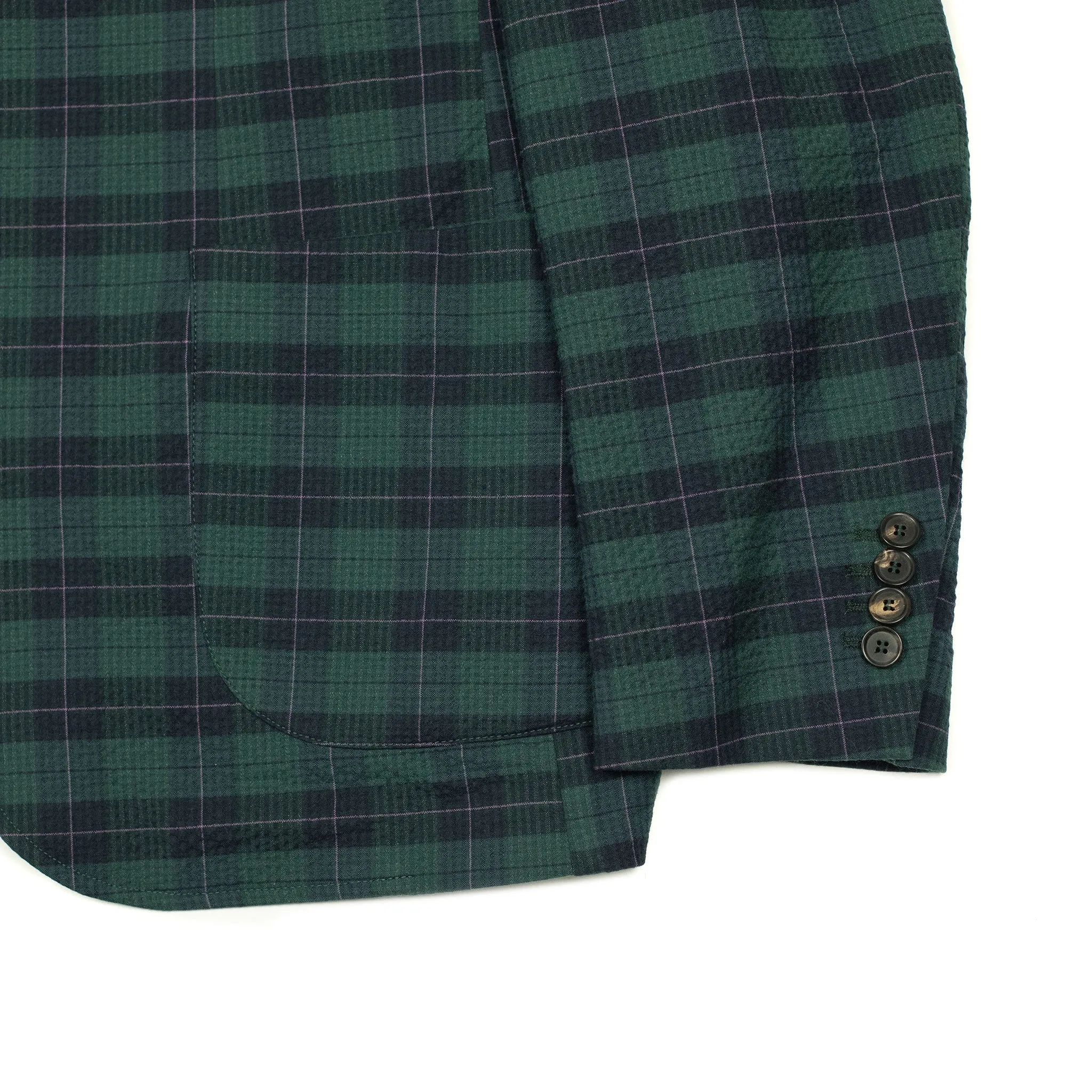 AAuro unstructured sport coat in green and blue plaid cotton seersucker