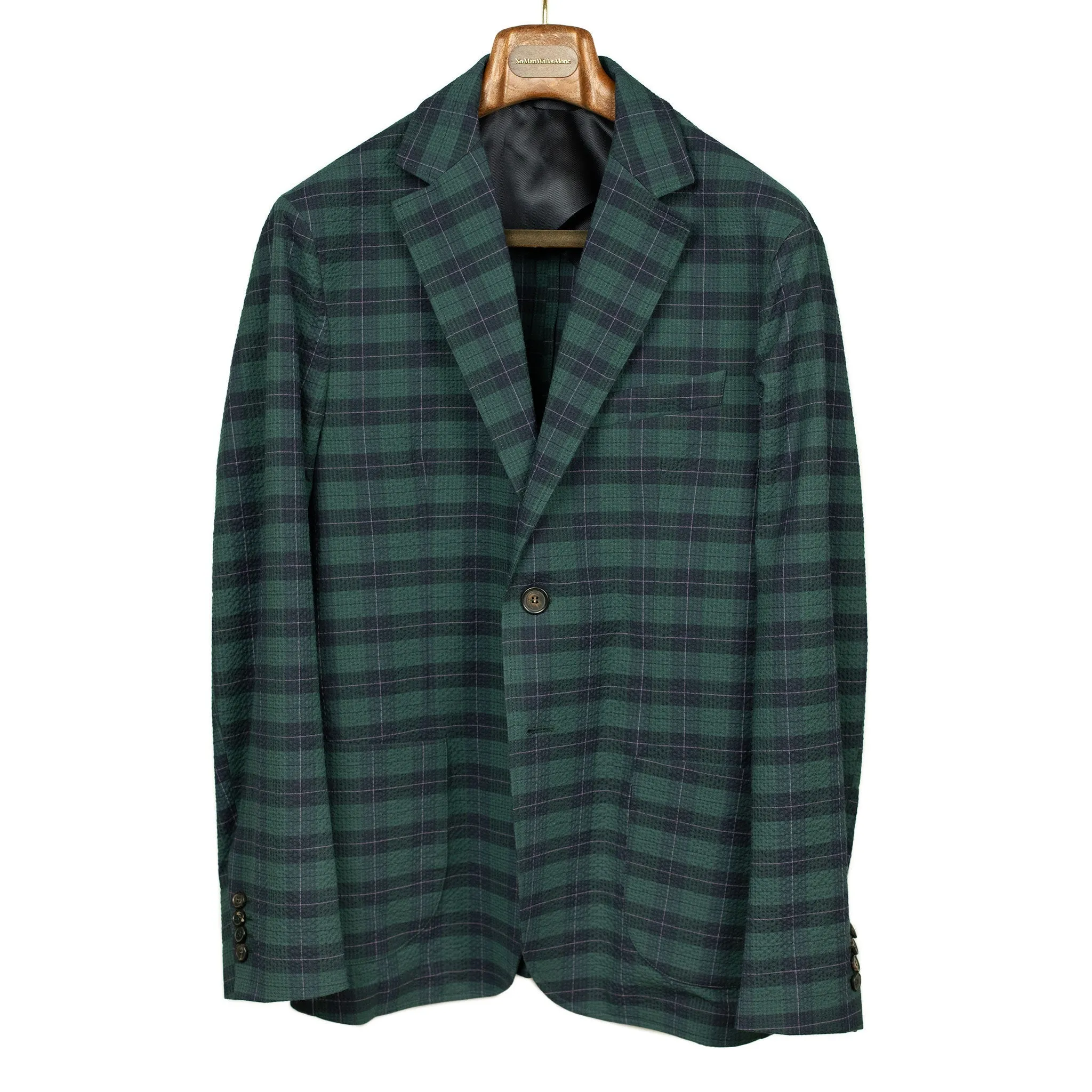 AAuro unstructured sport coat in green and blue plaid cotton seersucker