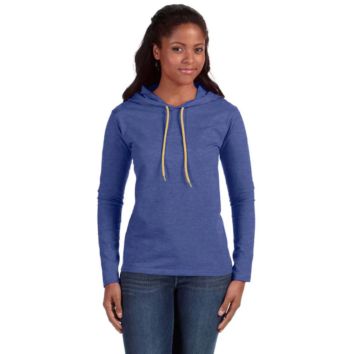 Anvil Women's Heather Blue/Neon Yellow Long-Sleeve Hooded T-Shirt