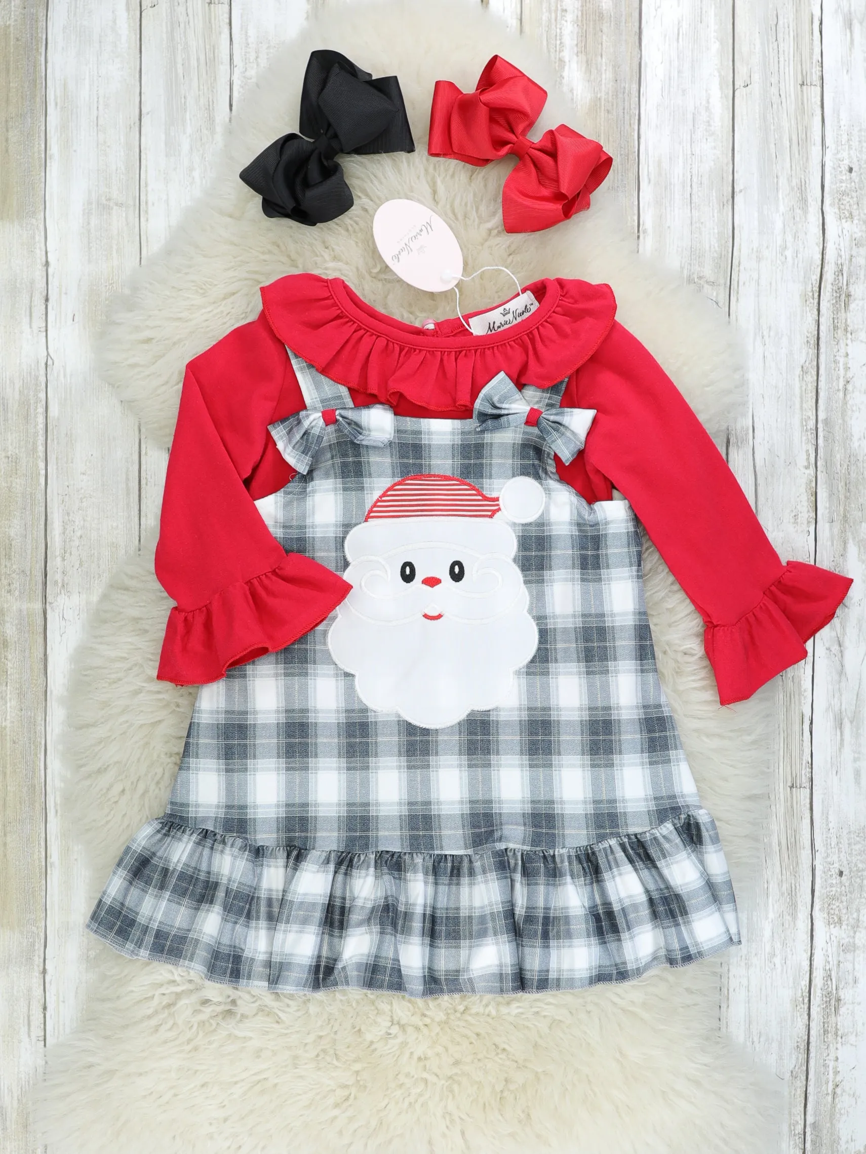 Black & White Plaid Santa Overall Dress Set