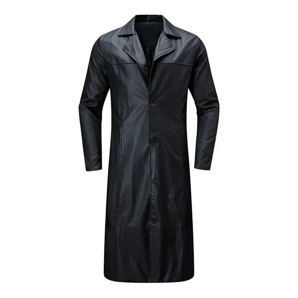 Black Button Closure Leather Long Coat