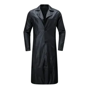 Black Button Closure Leather Long Coat