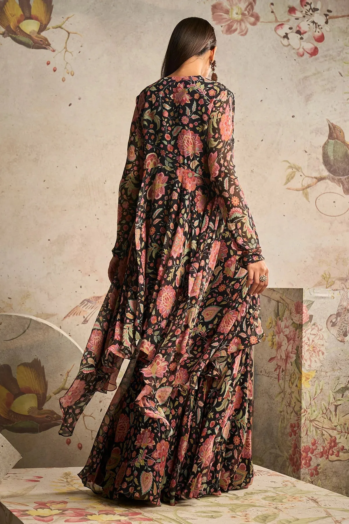 Black Chiffon Printed Embroidered Draped Tunic With Printed Chiffon Garara