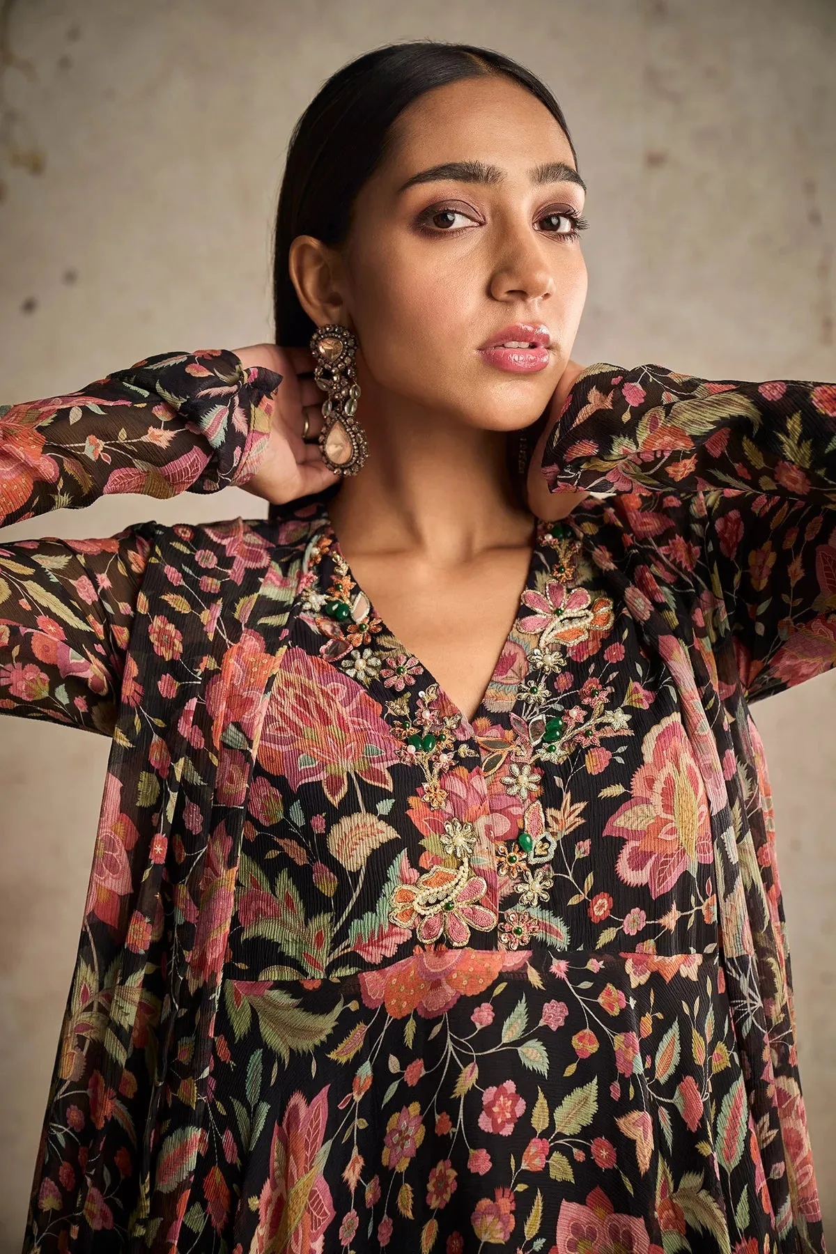 Black Chiffon Printed Embroidered Draped Tunic With Printed Chiffon Garara