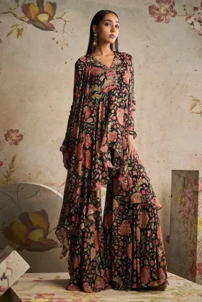 Black Chiffon Printed Embroidered Draped Tunic With Printed Chiffon Garara