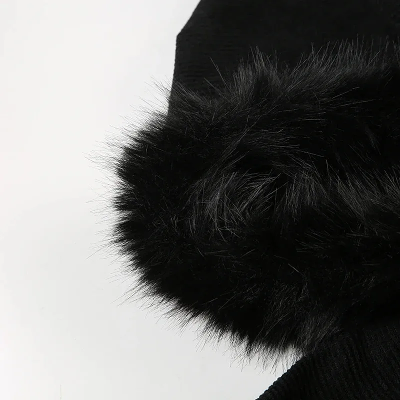 Black Faux Fur Trim Collar Corduroy Jacket