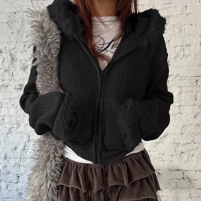 Black Faux Fur Trim Collar Corduroy Jacket