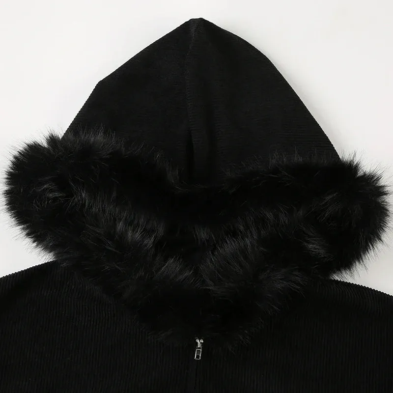 Black Faux Fur Trim Collar Corduroy Jacket