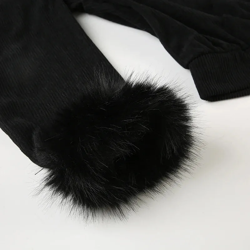 Black Faux Fur Trim Collar Corduroy Jacket