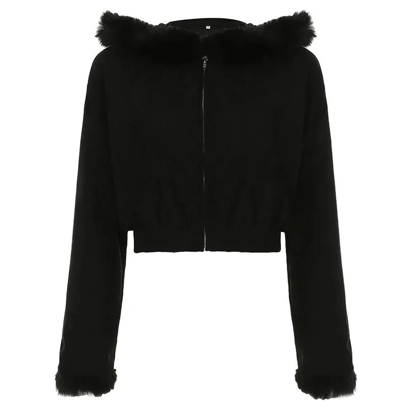 Black Faux Fur Trim Collar Corduroy Jacket