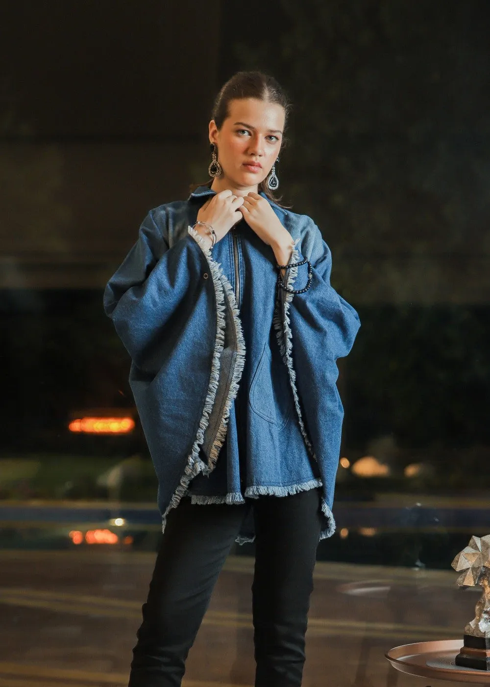 Blue Denim Poncho & Zhob Formal Jeans Look