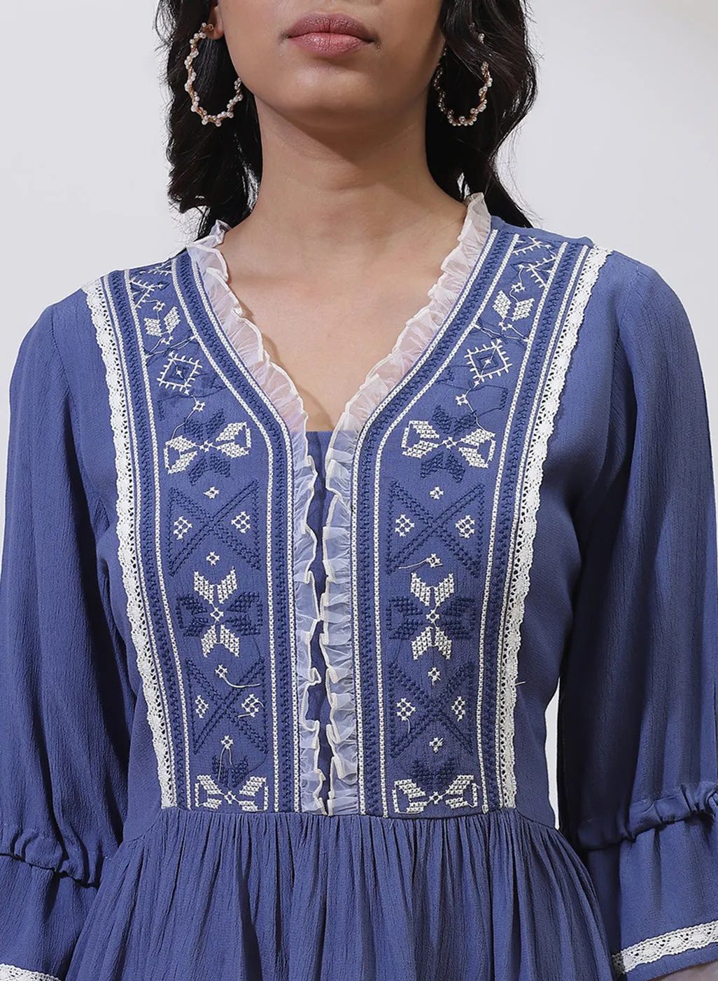 Blue Tunic With Embroidery & Lace