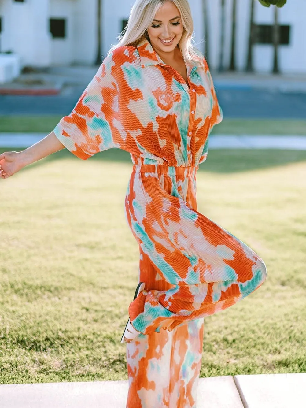 Bohemian Tie Dye Pleated Jumpsuit with Shirt Collar