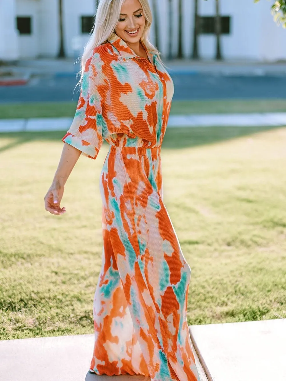 Bohemian Tie Dye Pleated Jumpsuit with Shirt Collar