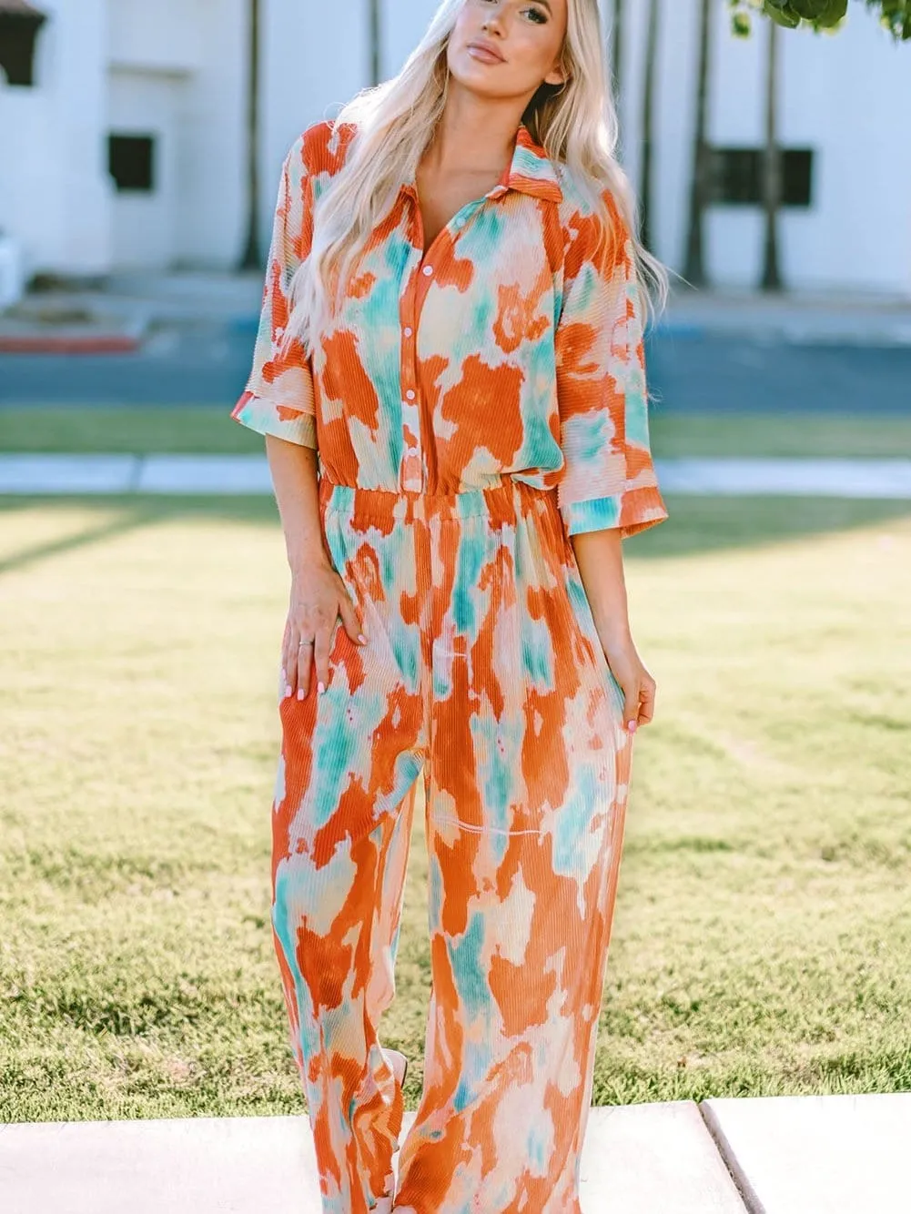 Bohemian Tie Dye Pleated Jumpsuit with Shirt Collar