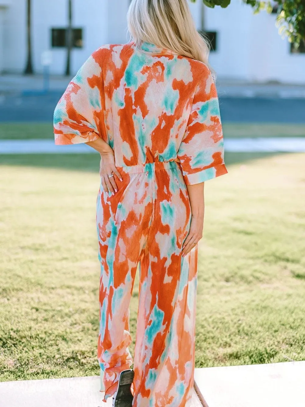 Bohemian Tie Dye Pleated Jumpsuit with Shirt Collar