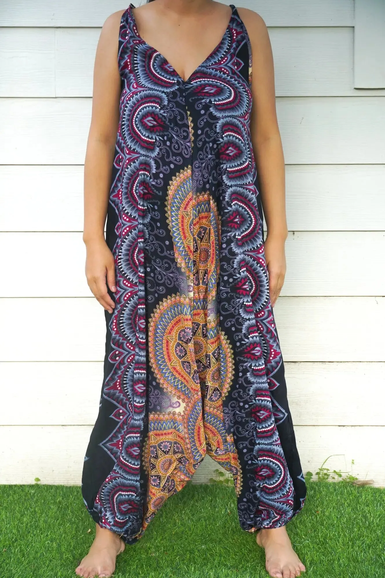 Boho Chic Black Mandala Festival-Ready Wide-Leg Jumpsuit