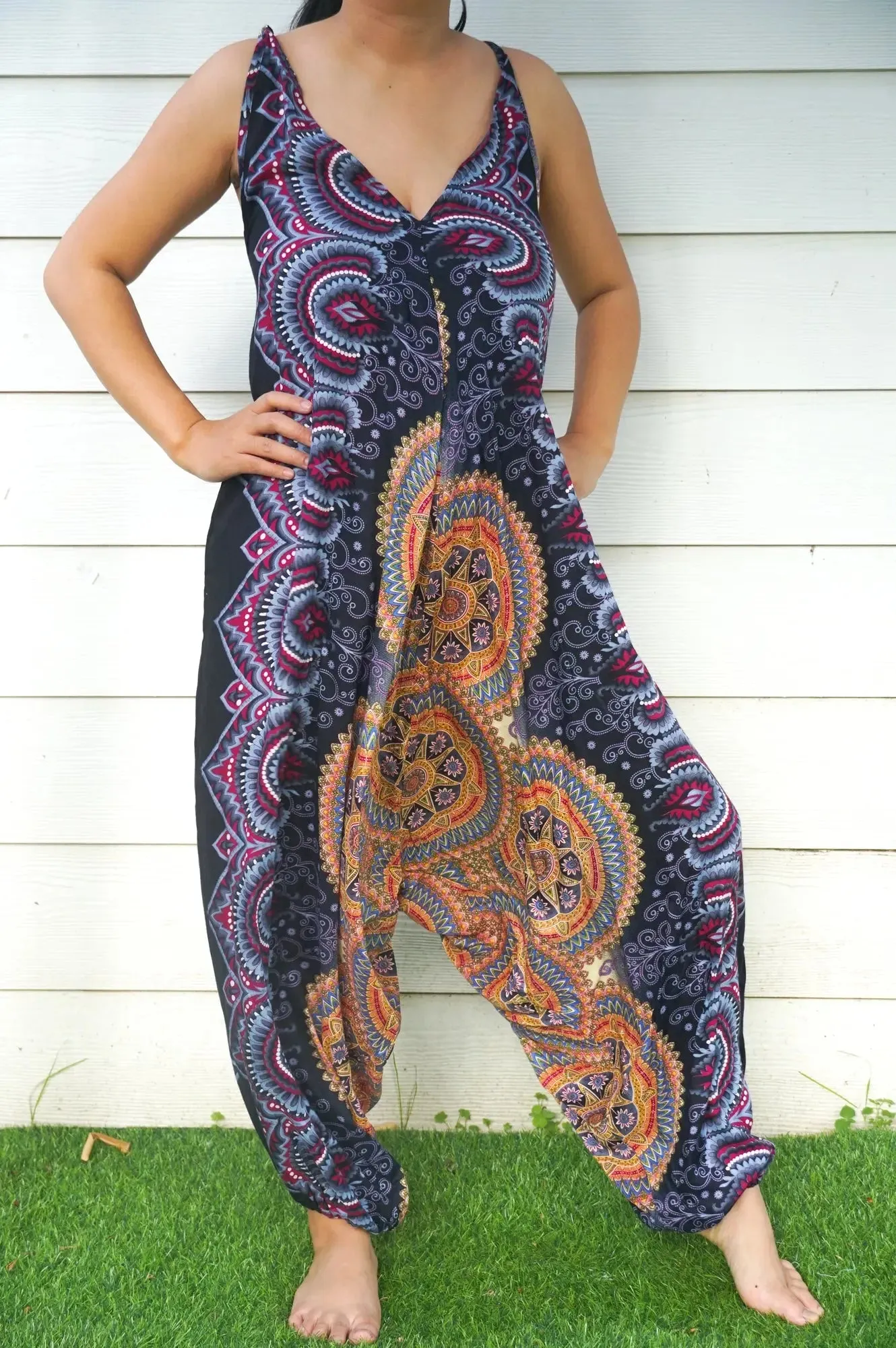 Boho Chic Black Mandala Festival-Ready Wide-Leg Jumpsuit