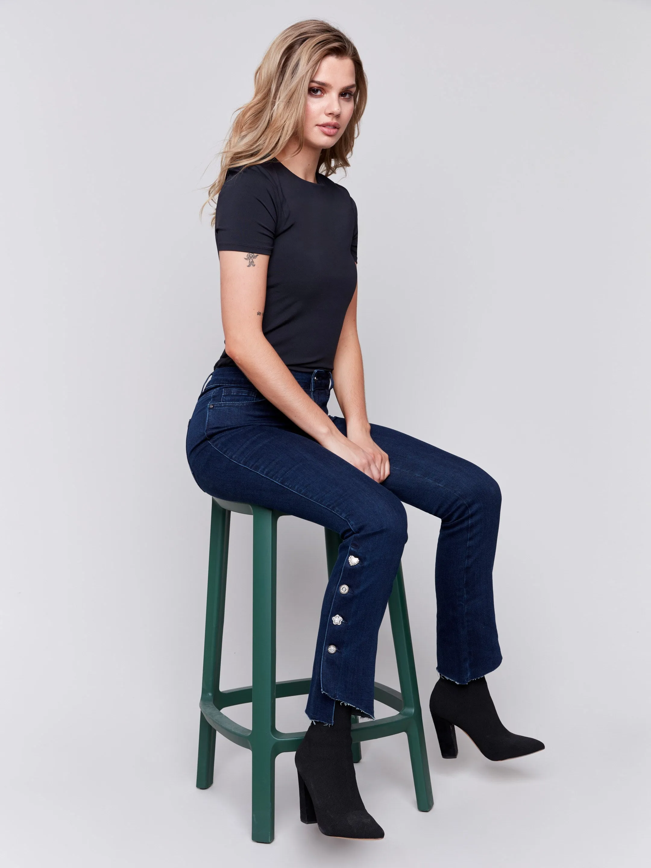 Bootcut Jeans With Gem Buttons - Blue Black