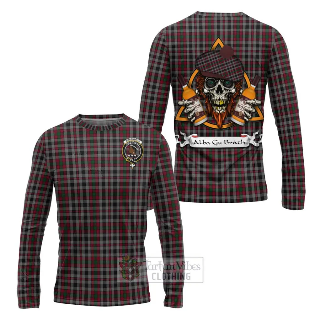 Borthwick Tartan Long Sleeve T-Shirt with Family Crest and Bearded Skull Holding Bottles of Whiskey