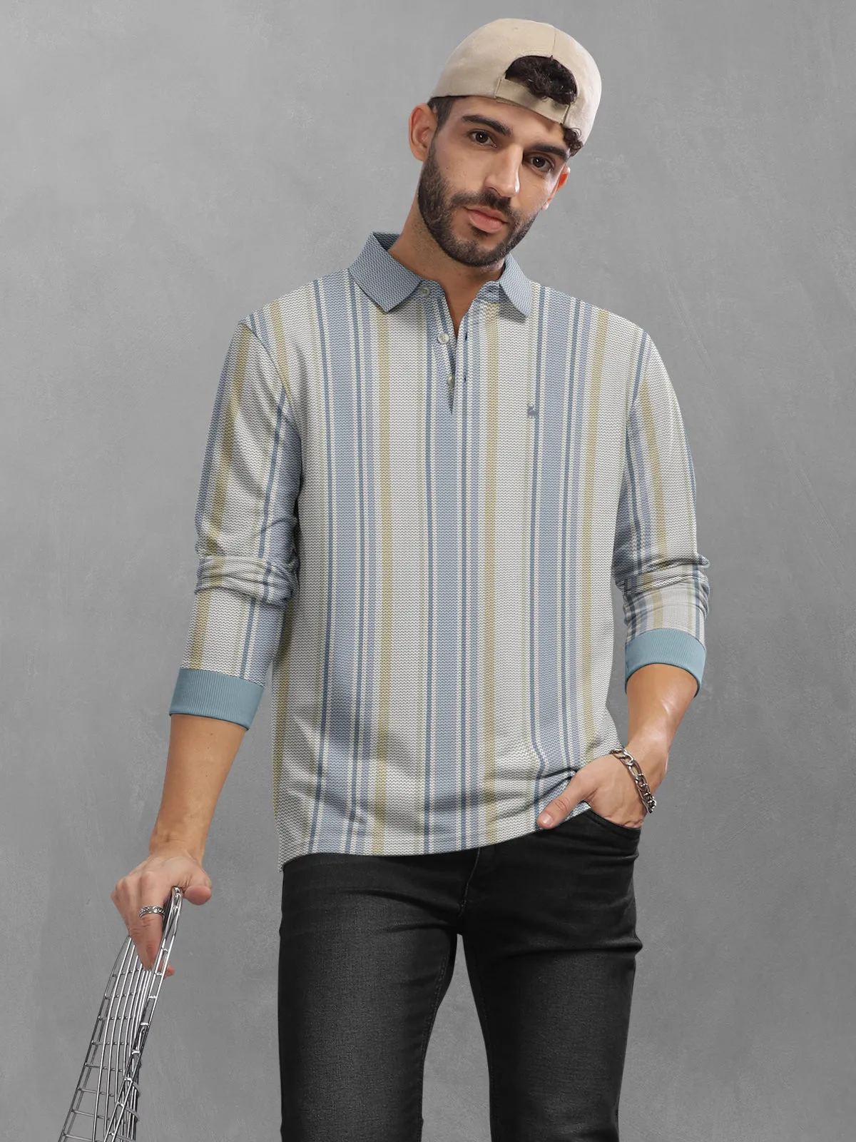 BULLMER Blue Striped Textured Printed Polo Neck FullSleeve T-shirt With Rib For Men