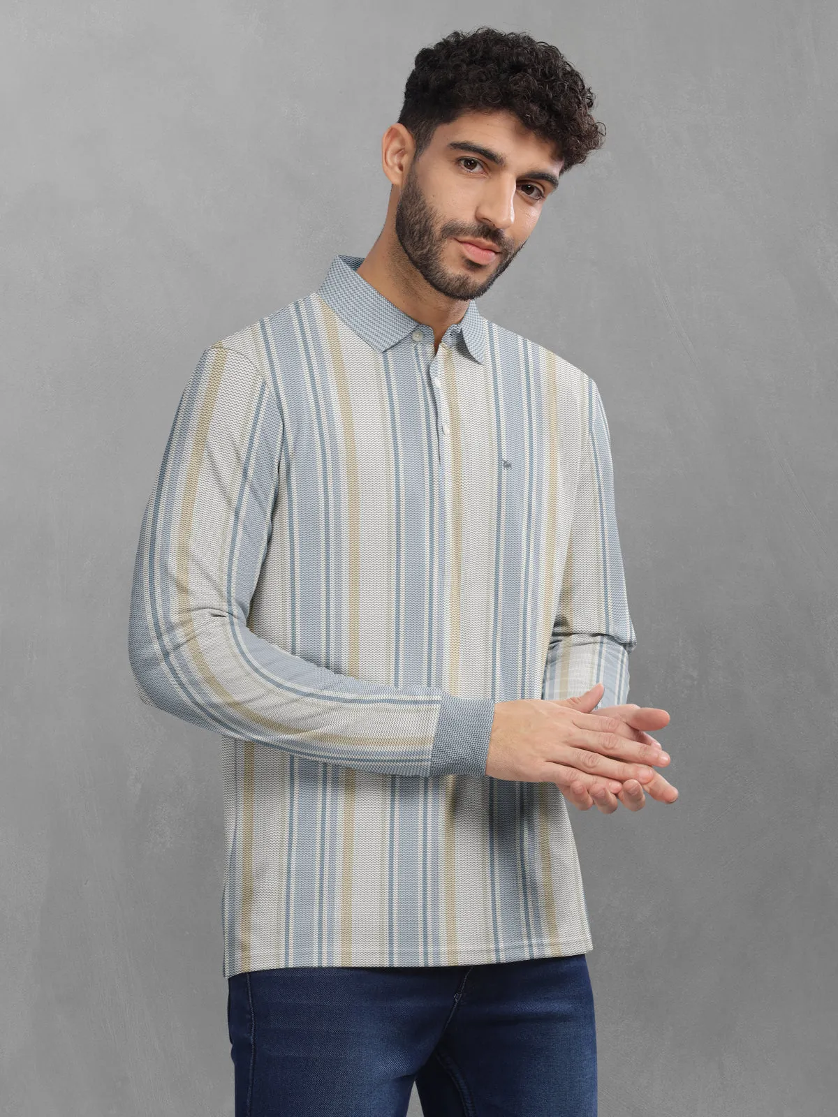 BULLMER Blue Striped Textured Printed Polo Neck FullSleeve T-shirt With Rib For Men