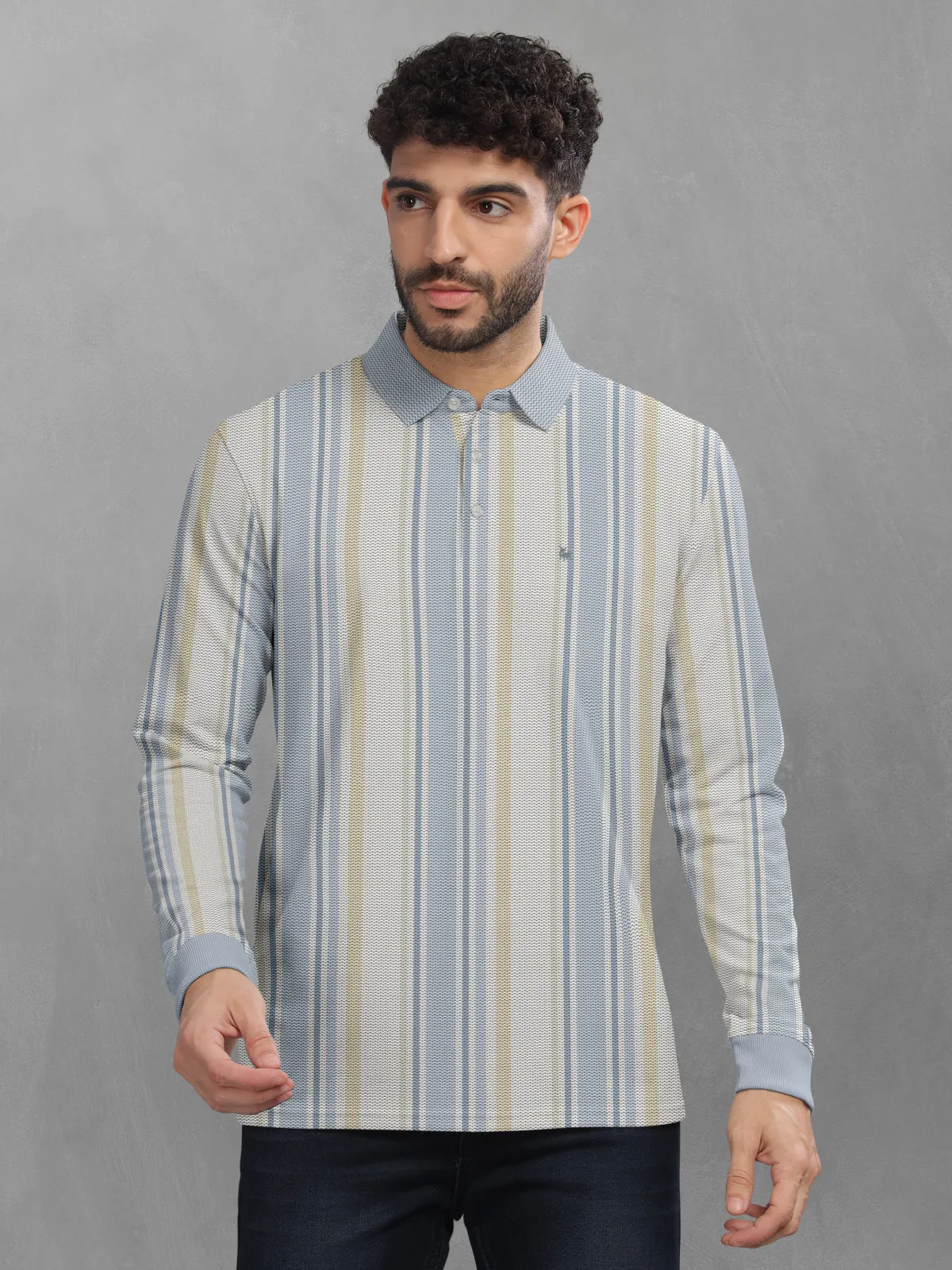 BULLMER Blue Striped Textured Printed Polo Neck FullSleeve T-shirt With Rib For Men