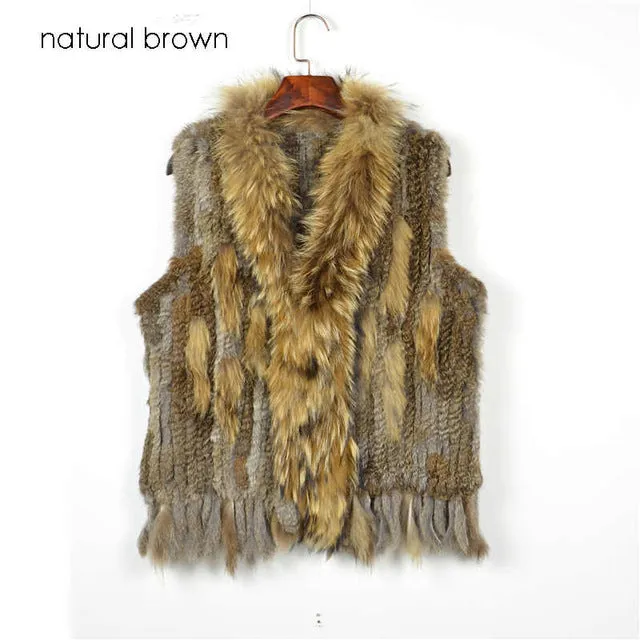 C704 SALE Free shipping womens natural real  rabbit fur vest  with raccoon fur collar waistcoat/jackets  rabbit knitted winter