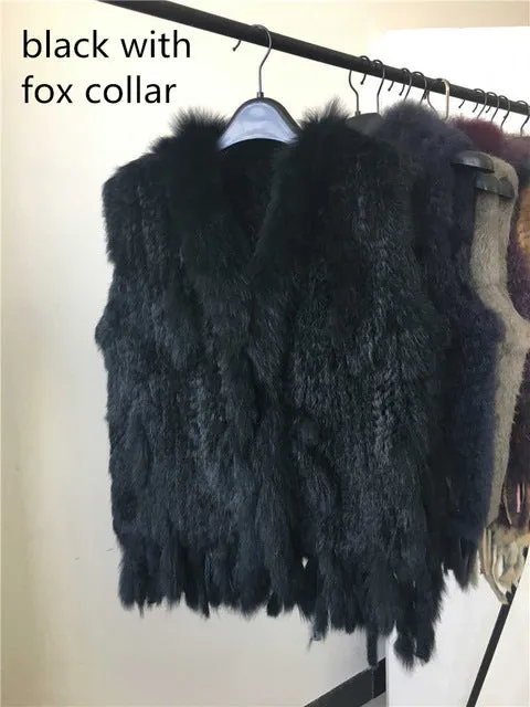 C704 SALE Free shipping womens natural real  rabbit fur vest  with raccoon fur collar waistcoat/jackets  rabbit knitted winter