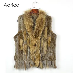 C704 SALE Free shipping womens natural real  rabbit fur vest  with raccoon fur collar waistcoat/jackets  rabbit knitted winter