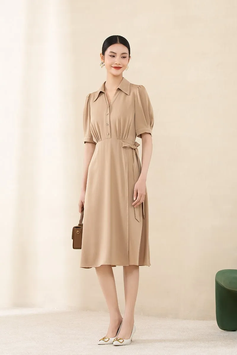 Camel Waist Midi Dress with Buttons