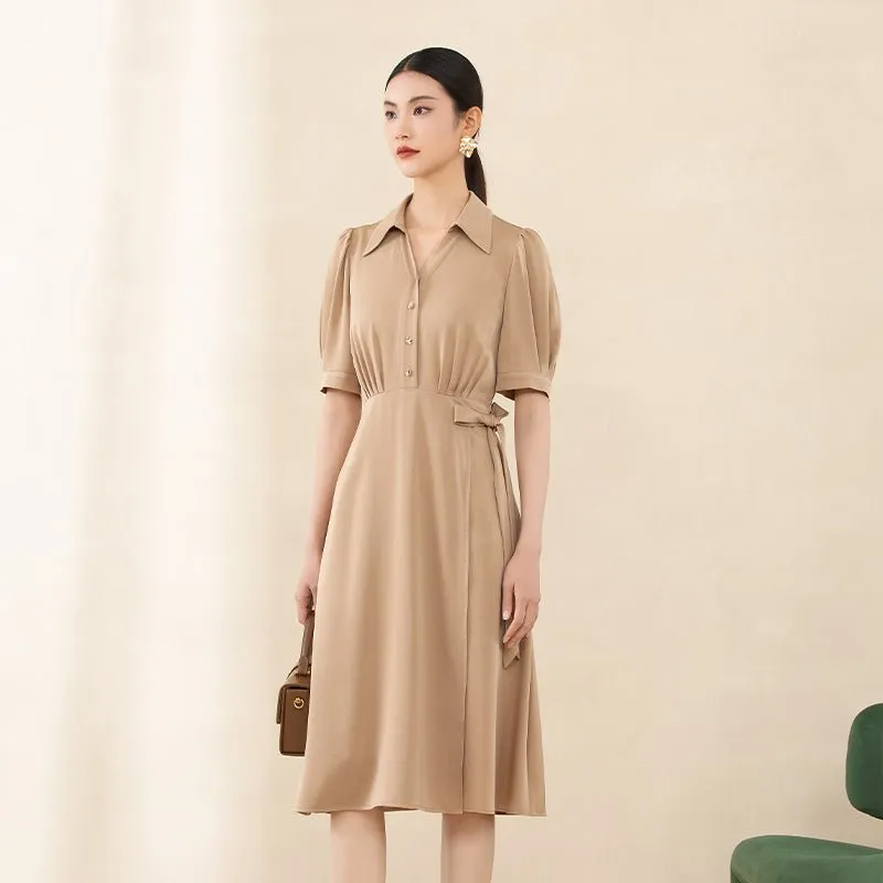 Camel Waist Midi Dress with Buttons