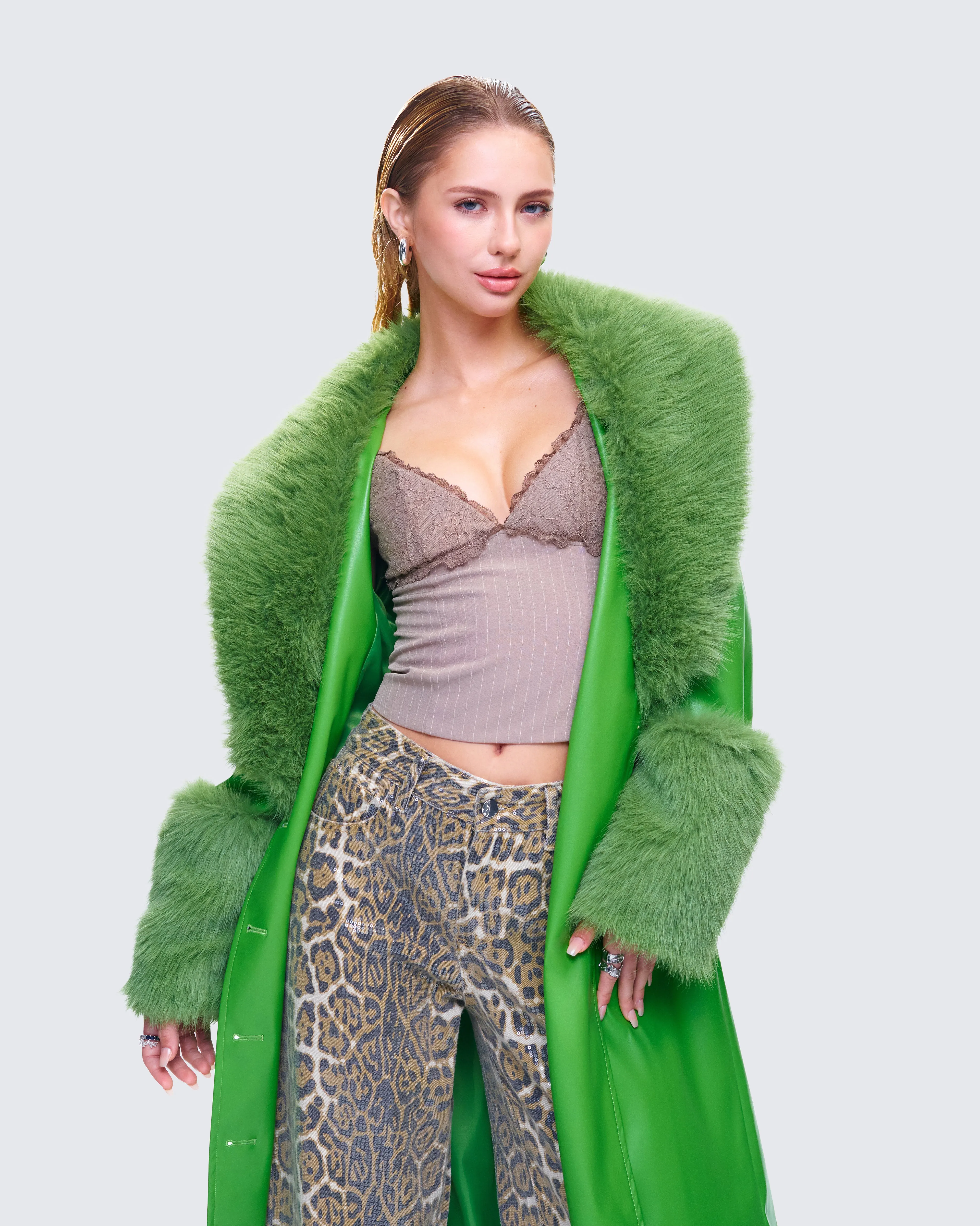 Chlo Green Faux Leather Fur Trim Coat