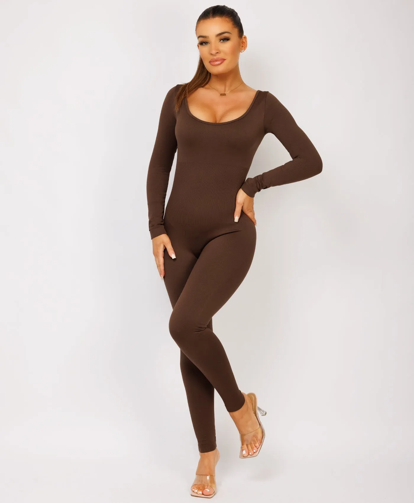 Chocolate Brown Elastic Ribbed Waist Round Neck Jumpsuit