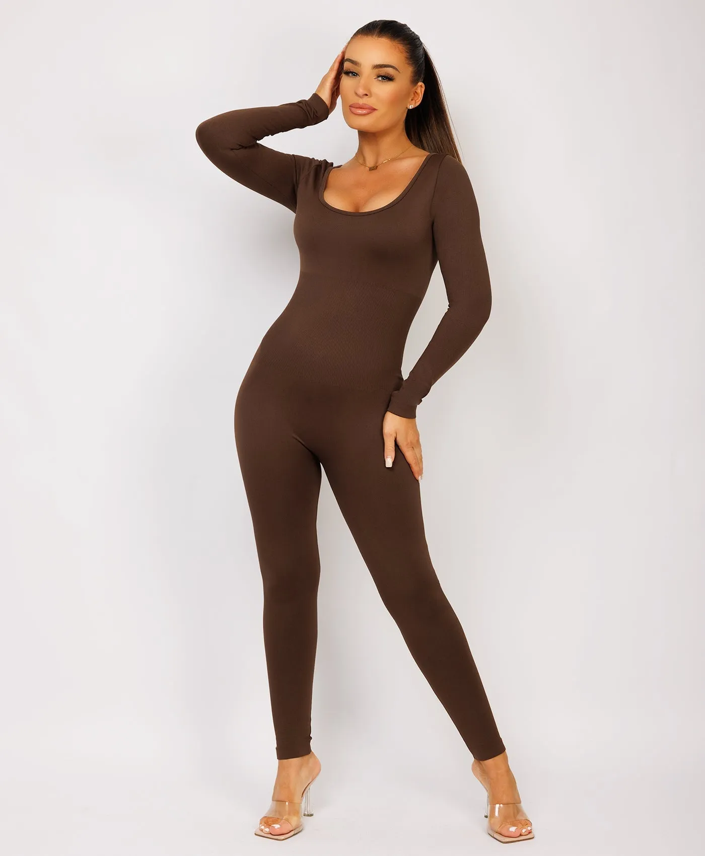 Chocolate Brown Elastic Ribbed Waist Round Neck Jumpsuit