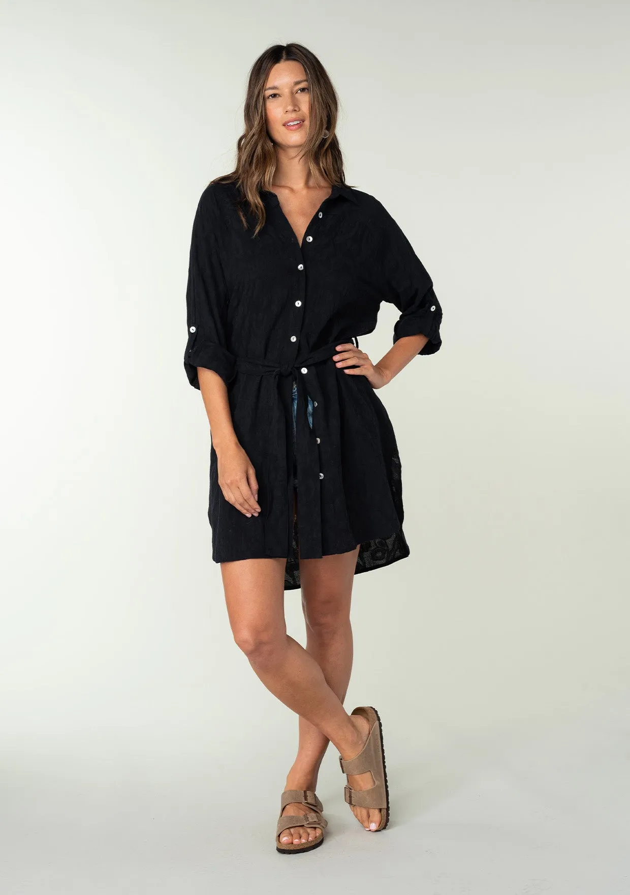 Collared 3/4 Sleeve Button Up Belted Tunic