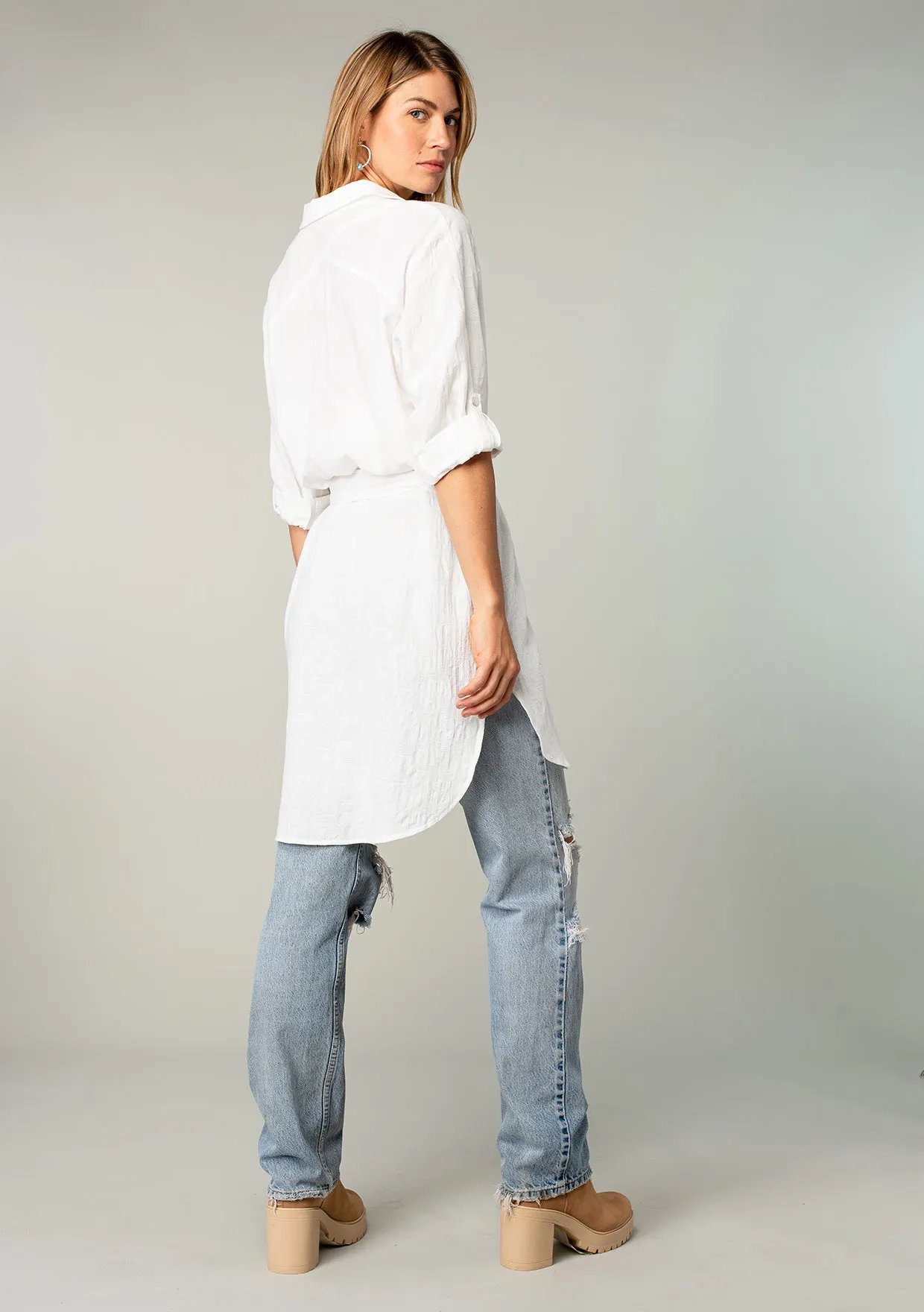 Collared 3/4 Sleeve Button Up Belted Tunic