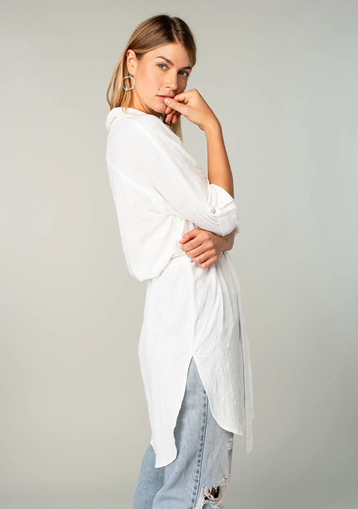 Collared 3/4 Sleeve Button Up Belted Tunic