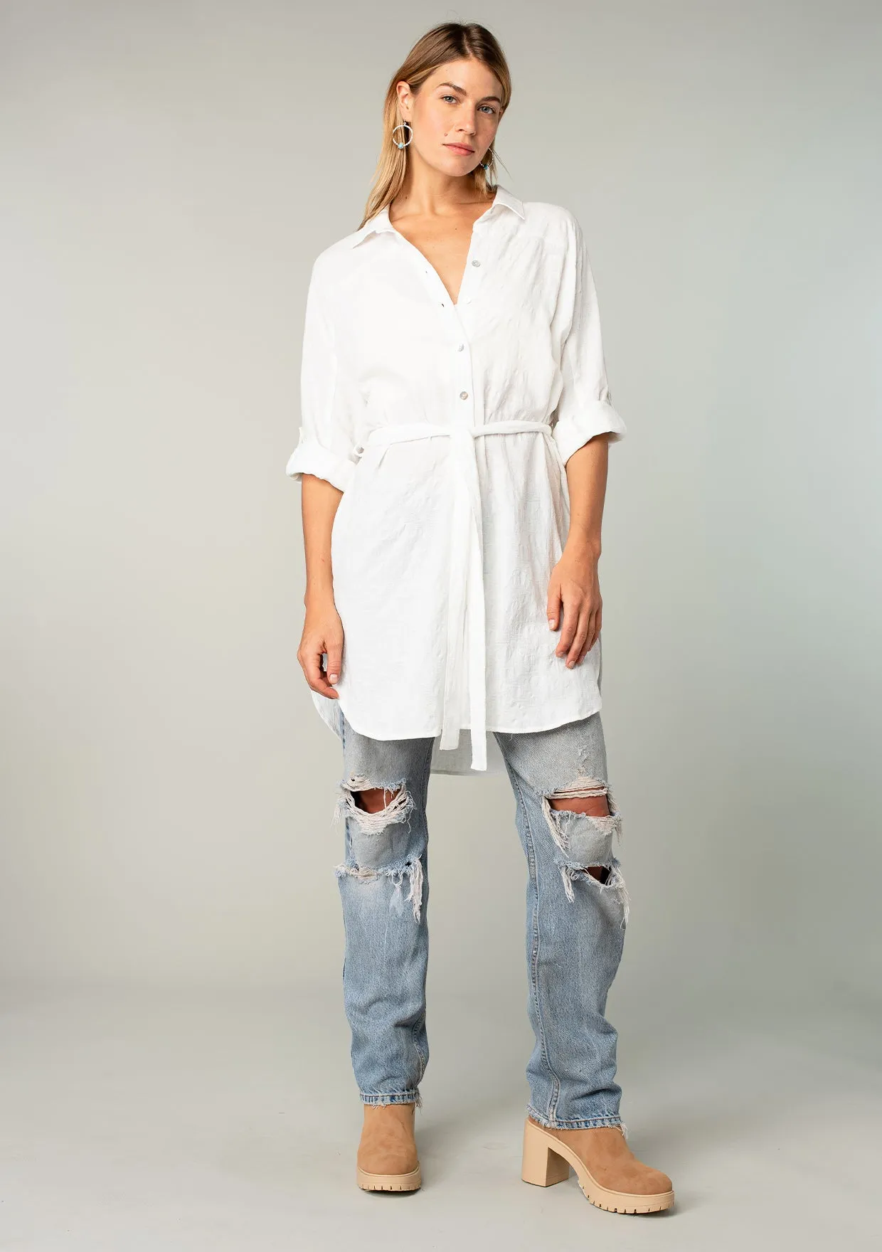 Collared 3/4 Sleeve Button Up Belted Tunic