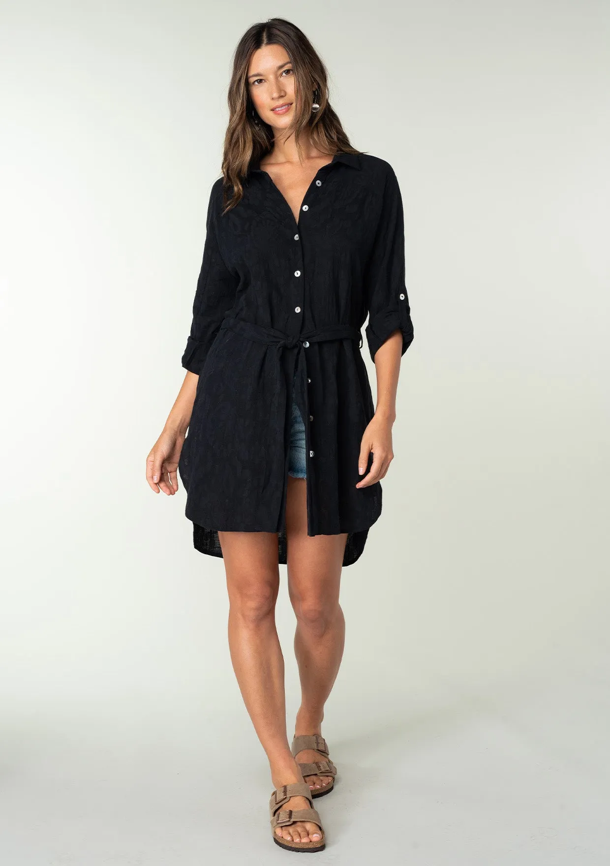 Collared 3/4 Sleeve Button Up Belted Tunic