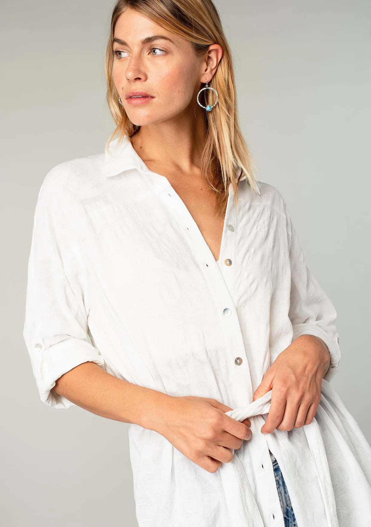 Collared 3/4 Sleeve Button Up Belted Tunic