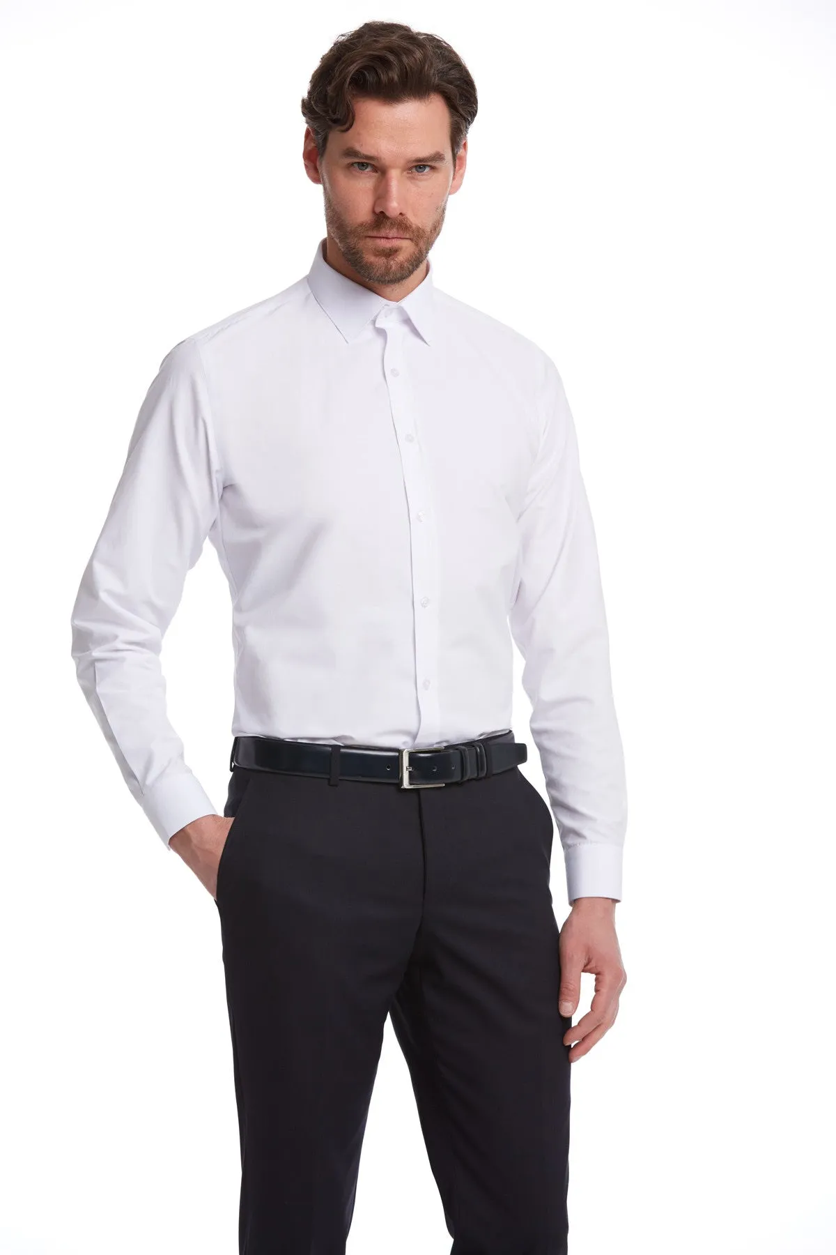 Comfort Fit Plain Cotton Blend White Dress Shirt