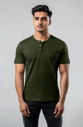 Cotton Henley Short Sleeve T-Shirt (Stretchable) Olive