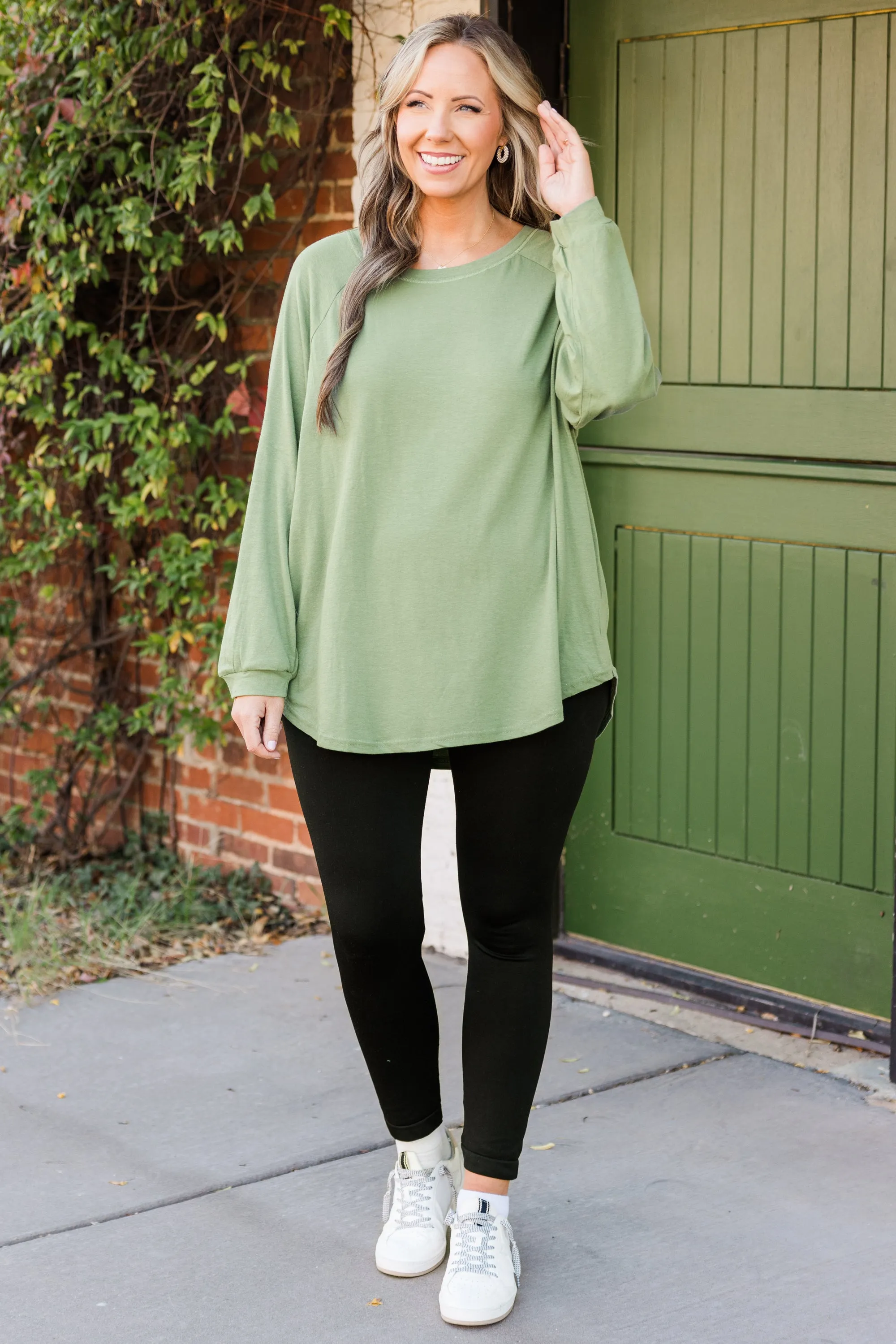 Curved Hem Slouchy Dolman Tunic, Sage