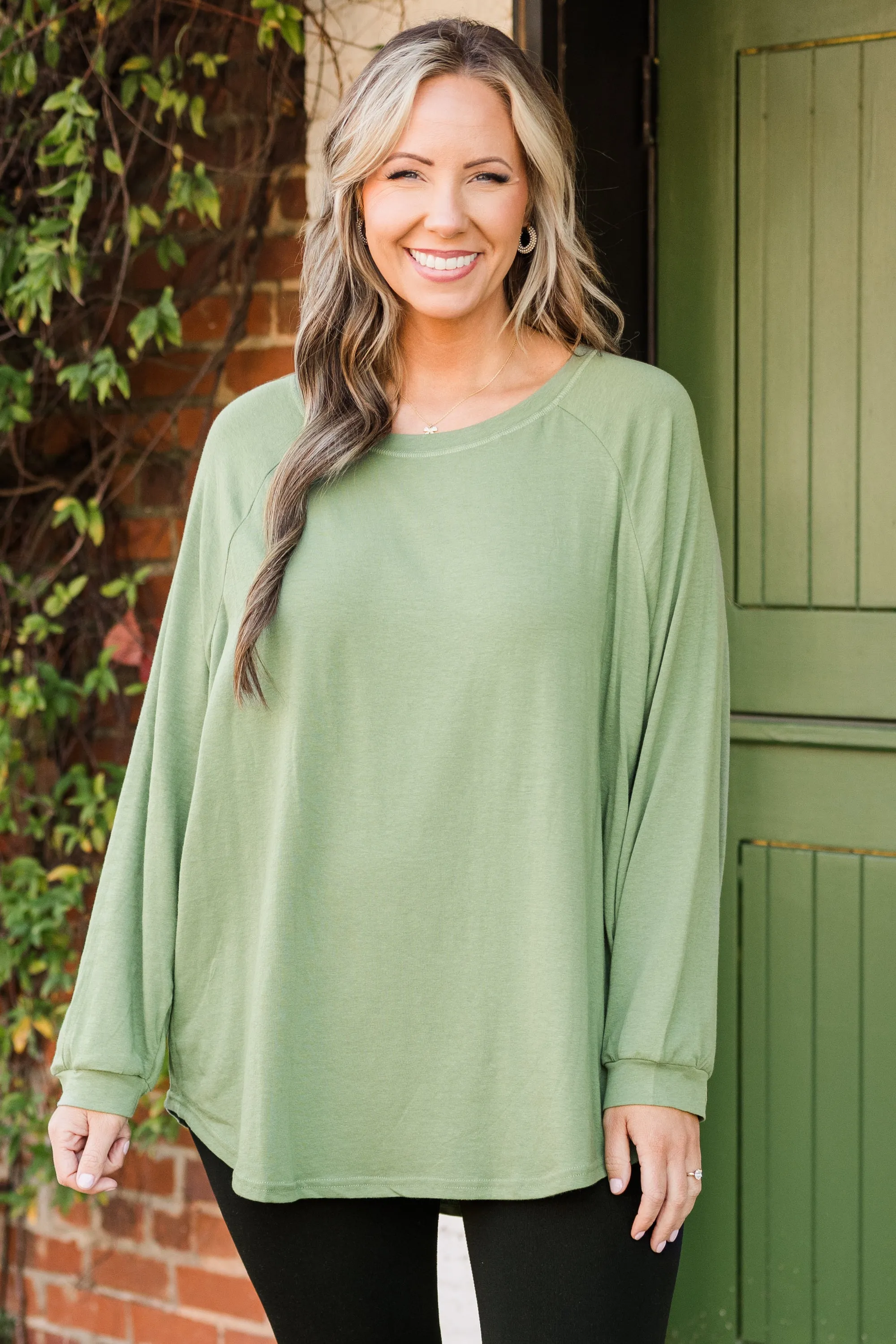 Curved Hem Slouchy Dolman Tunic, Sage